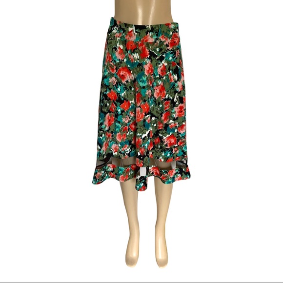 Faith and Joy Midi A-Line Skirt Red Rose Flowy Floral Sheer Panel Dress Skirt - Picture 6 of 6